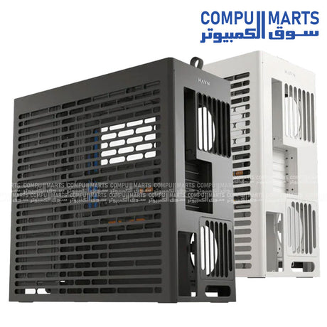 HAVN HS 420 VGPU mid‑tower PC case in white, vertical GPU mount, dual‑chamber airflow, UniSheet curved tempered glass, SimpliCable cable management – Egypt.
