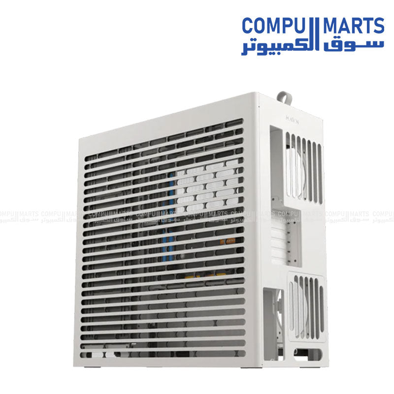 HAVN HS 420 mid‑tower PC case in white, dual‑chamber design with panoramic UniSheet tempered glass and SimpliCable cable management
