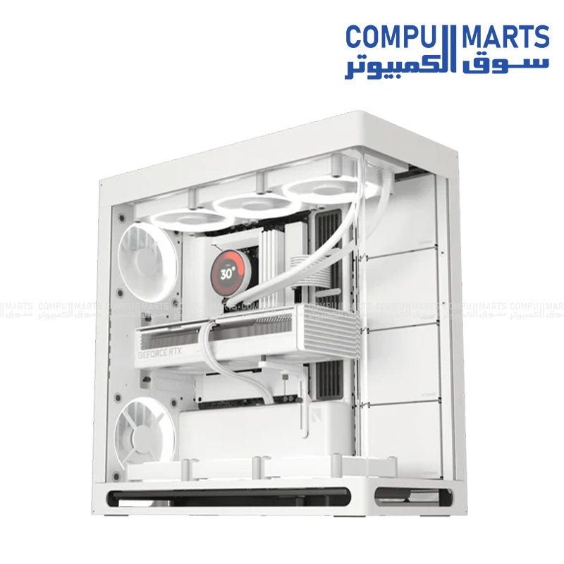HAVN HS 420 mid‑tower PC case in white, dual‑chamber design with panoramic UniSheet tempered glass and SimpliCable cable management
