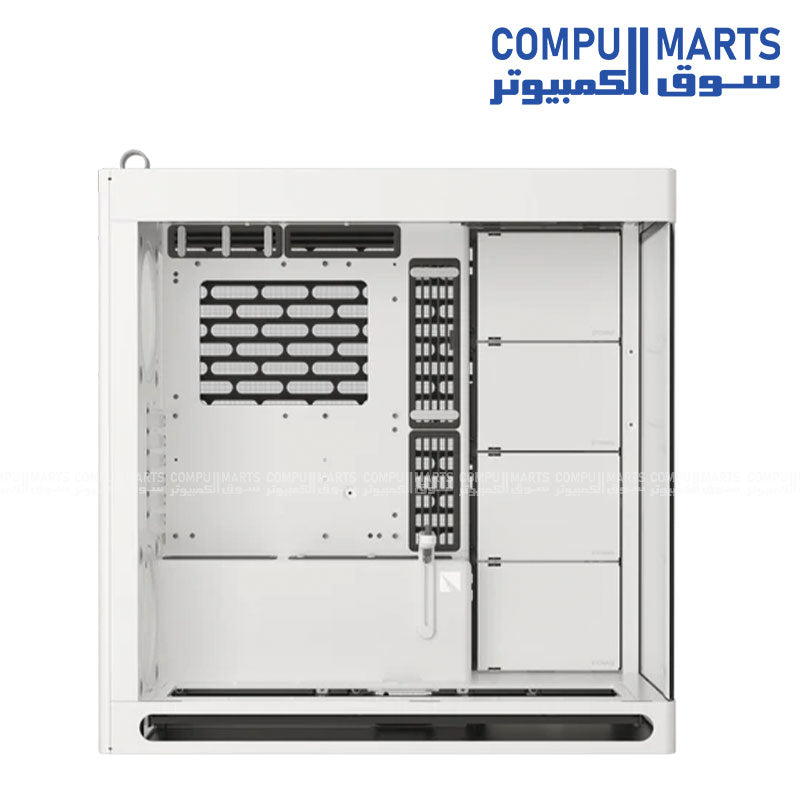 HAVN HS 420 mid‑tower PC case in white, dual‑chamber design with panoramic UniSheet tempered glass and SimpliCable cable management
