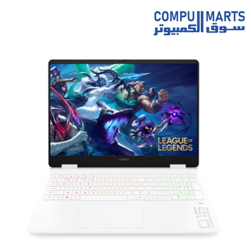 Ceramic white HP OMEN 16 laptop highlighting its 4-zone RGB backlit keyboard