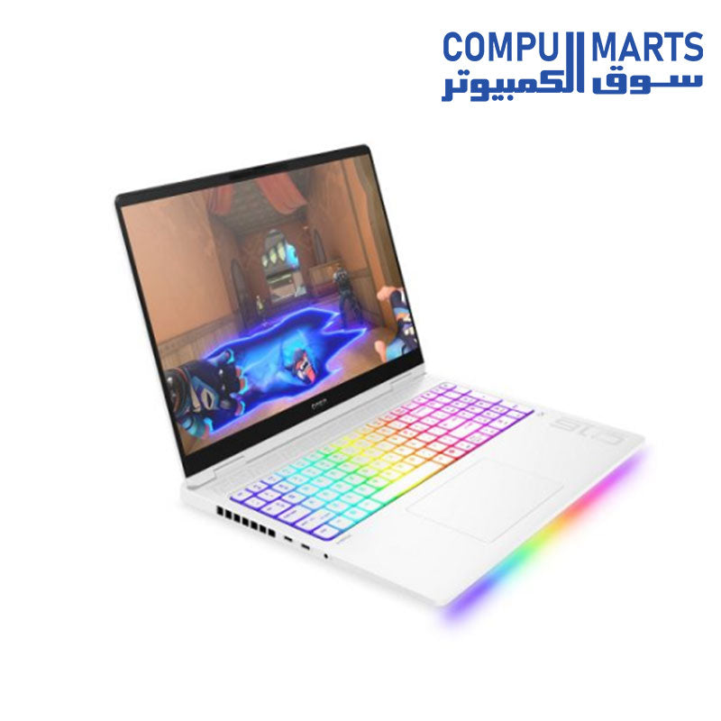 Ceramic white HP OMEN MAX 16 laptop showing its RGB backlit keyboard and layout
