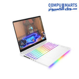 Ceramic white HP OMEN MAX 16 laptop showing its RGB backlit keyboard and layout
