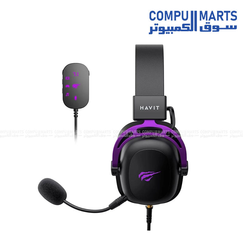 Black & Purple Havit H2002C+U over-ear gaming headset featuring Virtual 7.1 Surround Sound and detachable noise-canceling microphone for buyers in Egypt
