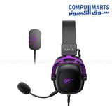 Black & Purple Havit H2002C+U over-ear gaming headset featuring Virtual 7.1 Surround Sound and detachable noise-canceling microphone for buyers in Egypt