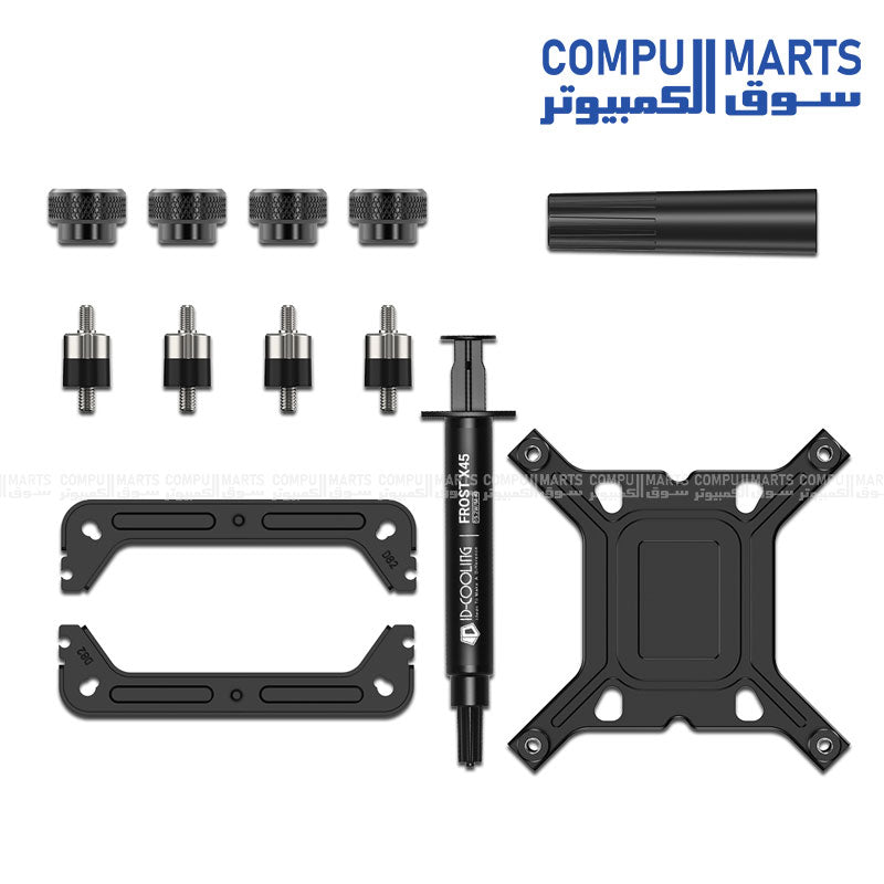 Black CPU cooling system supporting Intel LGA1851 LGA1700 LGA1200 LGA115X and AMD AM5 AM4 sockets with 220W thermal capacity