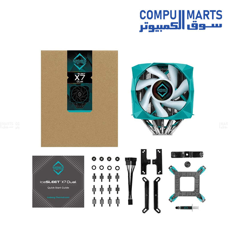 Iceberg Thermal IceSLEET X7 Dual CPU Cooler with 7 heat pipes, nickel-plated twin-tower design, dual ARGB fans, compatible with Intel and AMD including AM5 and LGA1700