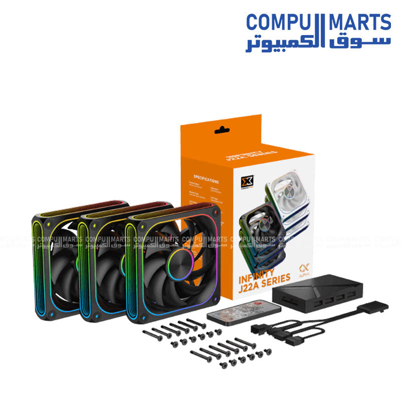 Infinity J22A PC cooling fan with 1500 RPM, low noise below 19.70 dBA, and ARGB lighting from Compumarts