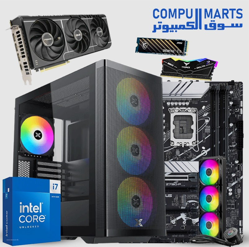 Gaming PC Bundle – Intel Core i7-14700K, ASUS Prime RTX 5080 16GB, ASUS Z790-P, 32GB DDR5 RGB, MSI 1TB NVMe SSD, CoolerMaster Liquid Cooler, Xigmatek Osiris Case + 1000W Gold PSU