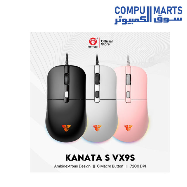 KANATA S VX9S Wired Gaming Mouse featuring 400-7200 DPI 60 IPS 20G acceleration USB interface in Black White Pink