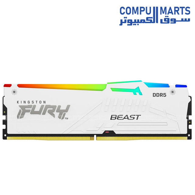 Kingston FURY Beast White RGB 16GB DDR5 5200MHz CL40 desktop gaming memory with RGB lighting and XMP support – high-speed performance RAM available in Egypt.
