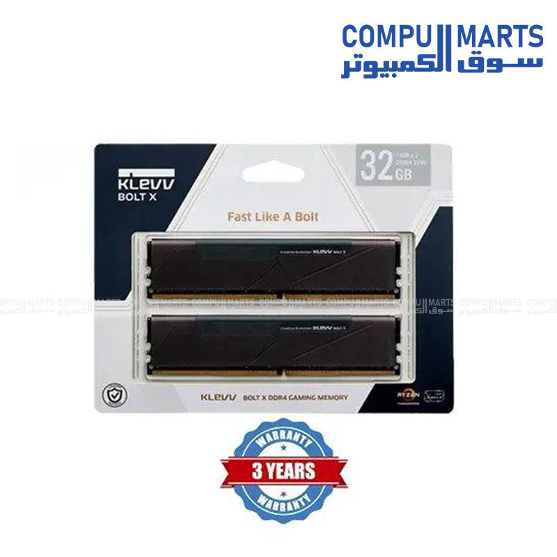 KLEVV Bolt X DDR4 memory featuring 3200MHz speed, CL16 latency, and integrated heatsink for gaming desktop PCs