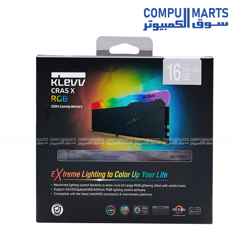 Klevv Cras X RGB 16GB 2x8GB DDR4 3600MHz Desktop Memory with CL18 timing, DDR4 Unbuffered DIMM format, and Intel XMP 2.0 support available in Egypt