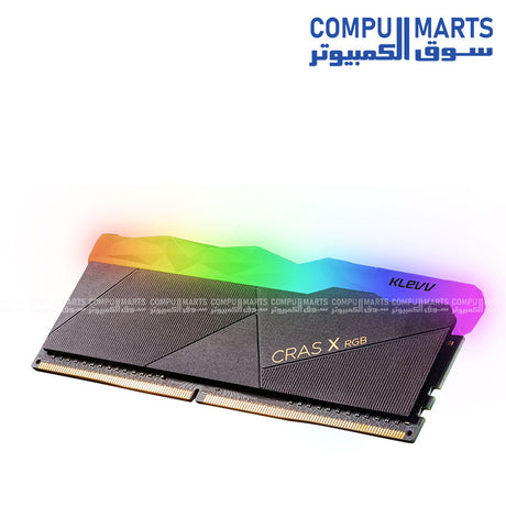 High-speed Klevv Cras X RGB DDR4 desktop memory featuring 3600MT/s tested speed, dual 8GB modules, and AMD Overclocking Profile support for gaming PC users in Egypt