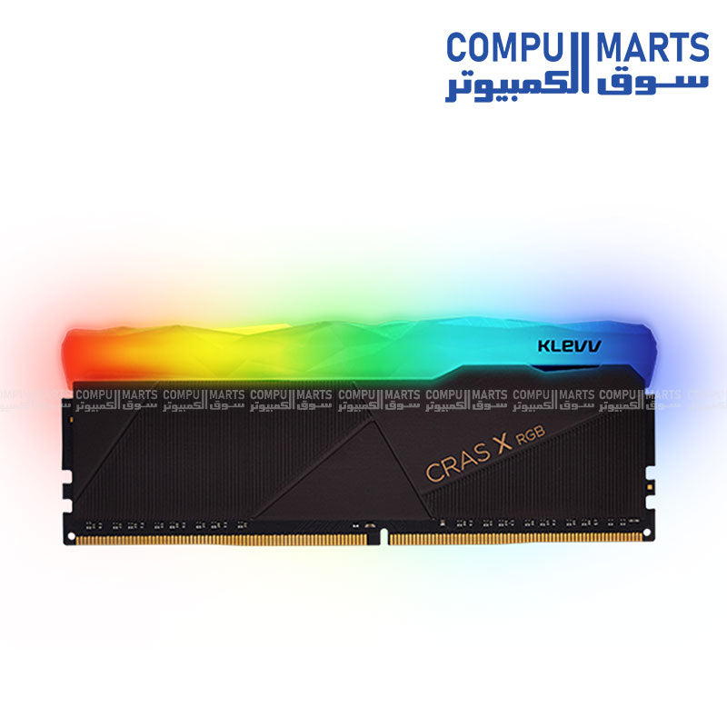 Professional Klevv Cras X RGB memory kit with CL18-22-22-42 tested timing, 1.35V tested voltage, and 2666MT/s SPD speed available from Compumarts