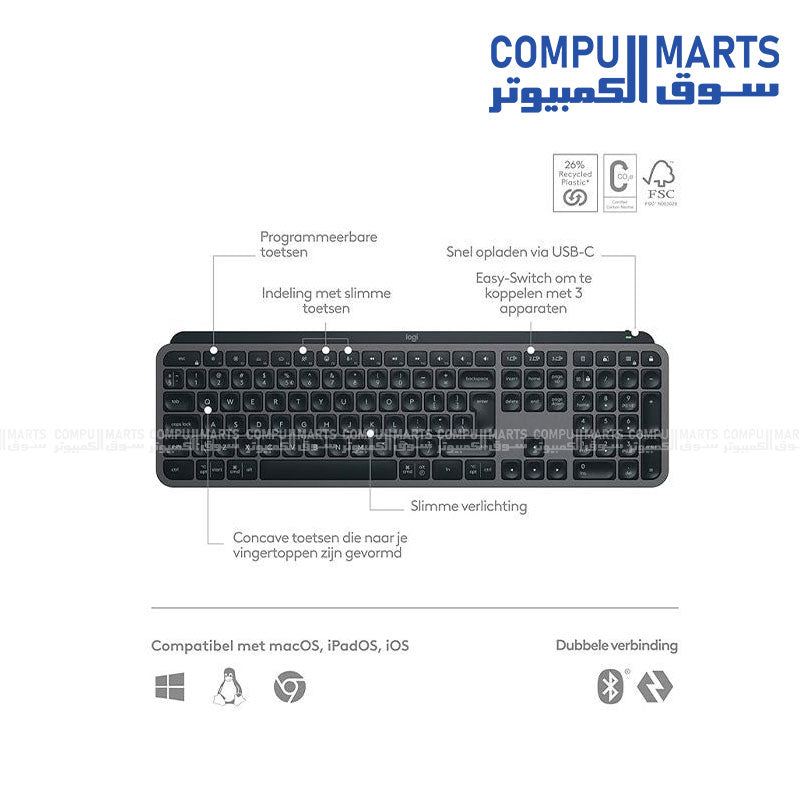 MX Keys S Graphite Membrane Keyboard with Scissor Switch and Arabic Layout