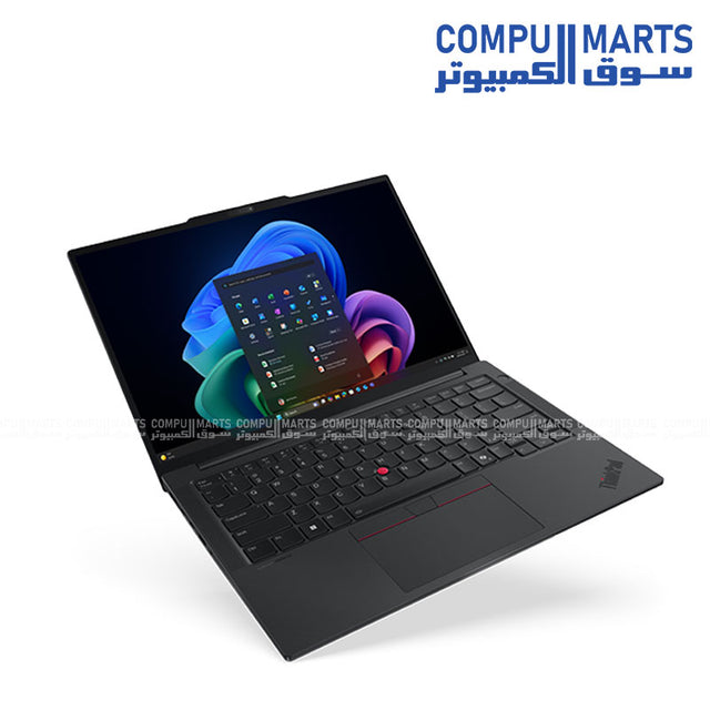 Lenovo ThinkPad E14 Gen 7 commercial business laptop featuring Intel Core Ultra 7 258V processor, 14 inch WUXGA IPS display, aluminium body, and Arabic backlit keyboard