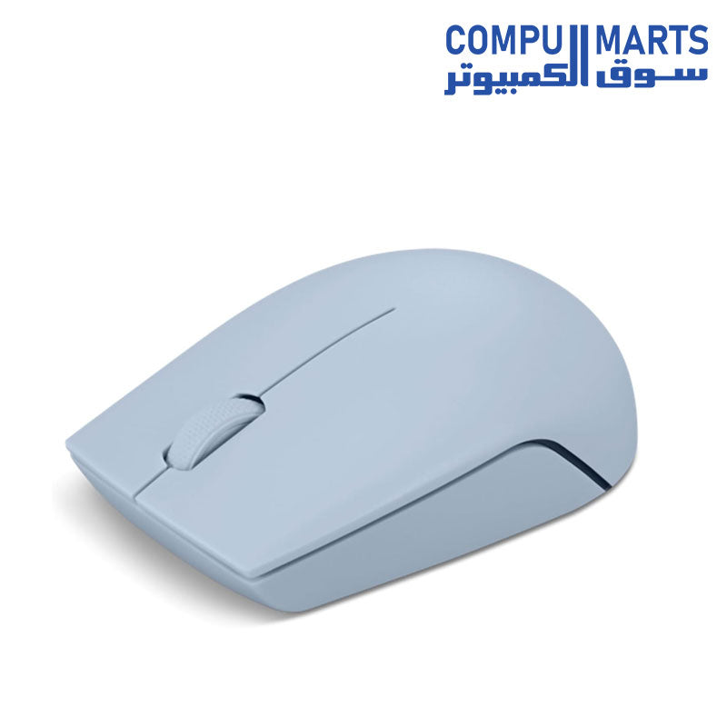 Portable Lenovo wireless mouse designed for everyday PC use with optical sensor technology, long button lifecycle, ergonomic contour shape, and Nano USB wireless receiver support