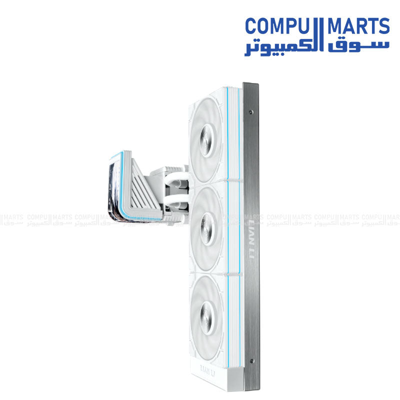 Close-up view of the Lian Li HydroShift II 360mm white single-wave aluminum radiator and tubing