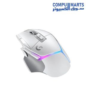 Underside profile of the Logitech G502 X PLUS wireless mouse showing the HERO 25K optical sensor and low-friction PTFE feet