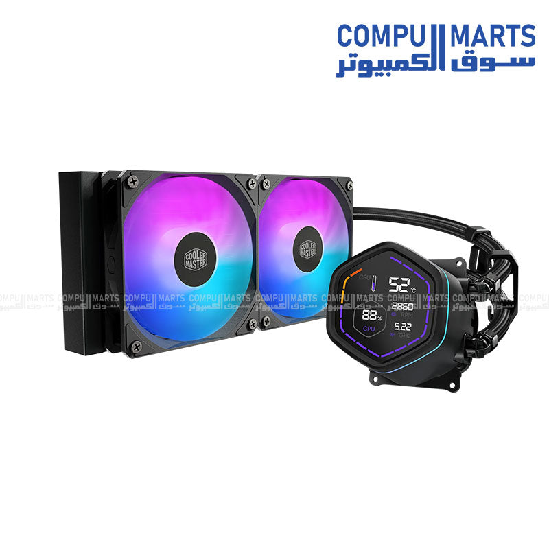 Cooler Master MasterLiquid series liquid cooler with 360 radiator size, addressable RGB lighting, and rifle bearing fans from Compumarts