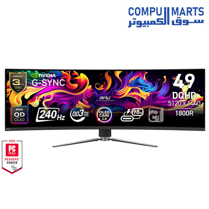 MSI MPG 491CQPX QD-OLED 49-inch QD-OLED 5120 x 1440 (DQHD) Computer Monitor, 240Hz, Adaptive-Synch, HDMI, Display Port, VGA Port, VESA Mountable, Tilt, Height Adjustable, Speaker, 0.03ms