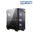 “MSI MPG Velox 100R mid-tower gaming PC case with tempered glass side panel, four 120mm ARGB fans, mesh front panel for optimized airflow, and liquid cooling support up to 360mm radiator