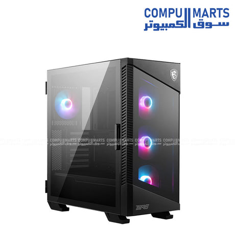 “MSI MPG Velox 100R mid-tower gaming PC case with tempered glass side panel, four 120mm ARGB fans, mesh front panel for optimized airflow, and liquid cooling support up to 360mm radiator
