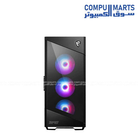 “MSI MPG Velox 100R mid-tower gaming PC case with tempered glass side panel, four 120mm ARGB fans, mesh front panel for optimized airflow, and liquid cooling support up to 360mm radiator