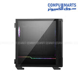 “MSI MPG Velox 100R mid-tower gaming PC case with tempered glass side panel, four 120mm ARGB fans, mesh front panel for optimized airflow, and liquid cooling support up to 360mm radiator