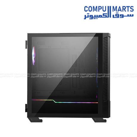 “MSI MPG Velox 100R mid-tower gaming PC case with tempered glass side panel, four 120mm ARGB fans, mesh front panel for optimized airflow, and liquid cooling support up to 360mm radiator