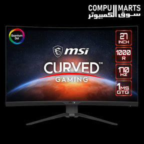 MSI MAG 275CQRF QD 27 Inch WQHD 170Hz Rapid VA curved gaming monitor with 1000R curvature, 1ms GTG response time, AMD FreeSync Premium, and HDR Ready support available in Egypt