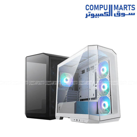 MSI MAG PANO M100R PZ Micro-ATX gaming PC case with 270-degree panoramic tempered glass, four pre-installed ARGB fans, USB 3.2 Gen 2x2 Type-C, and 360mm radiator support available in Egypt.