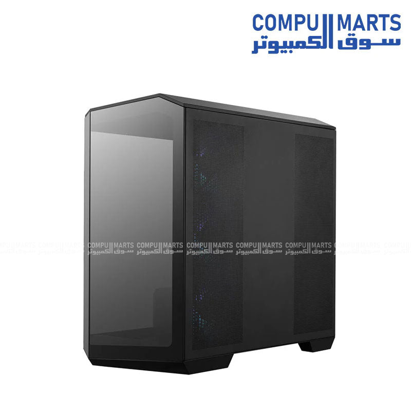 Micro-ATX gaming case with reverse-blade ARGB fans, panoramic tempered glass, and multiple radiator mounting options available at Compumarts.