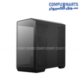 Micro-ATX gaming case with reverse-blade ARGB fans, panoramic tempered glass, and multiple radiator mounting options available at Compumarts.
