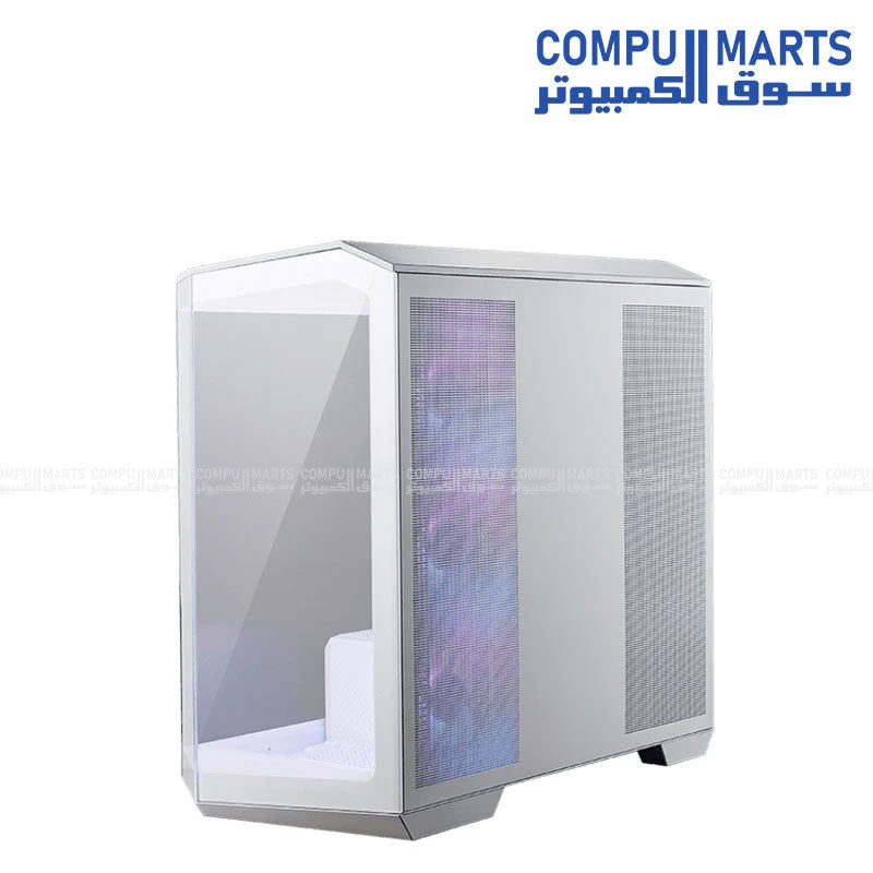 Micro-ATX gaming case with reverse-blade ARGB fans, panoramic tempered glass, and multiple radiator mounting options available at Compumarts.