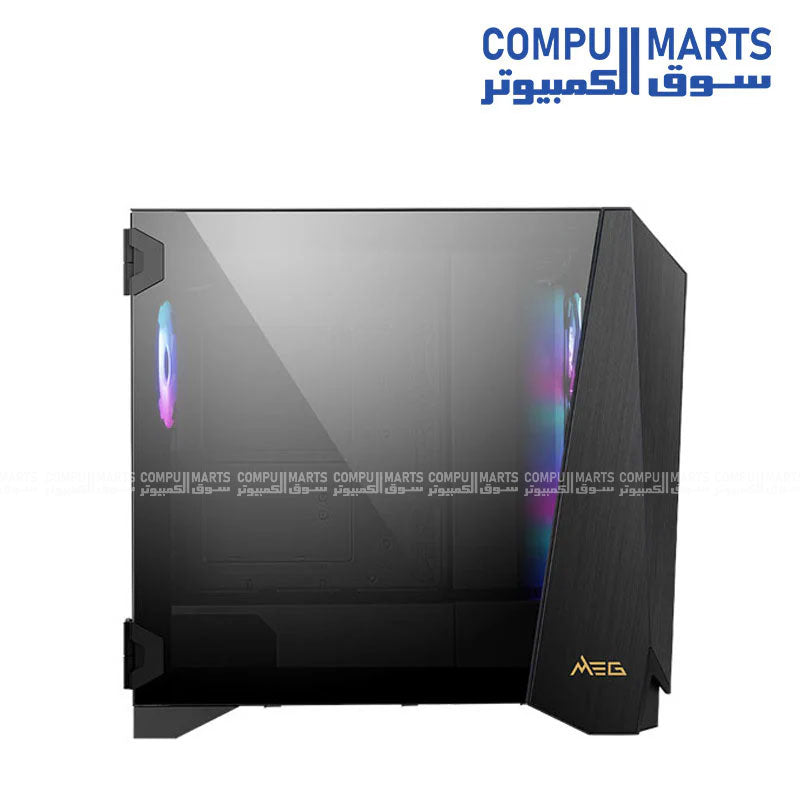 MSI mid-tower chassis featuring four pre-installed 140mm ARGB fans, tempered glass side panel, and vertical GPU mount support available from Compumarts.