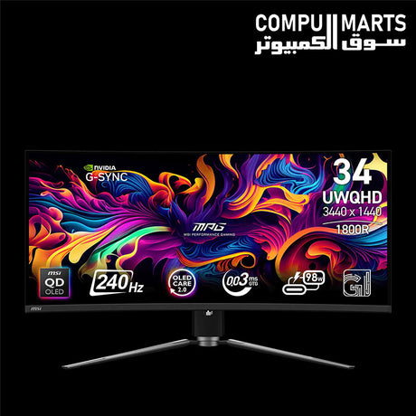 MSI MPG 341CQPX QD-OLED monitor with 34.18-inch UWQHD resolution, 240Hz refresh rate, 0.03ms GTG response time, and DisplayHDR True Black 400 available in Egypt