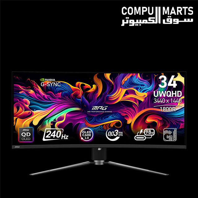 MSI MPG 341CQPX QD-OLED monitor with 34.18-inch UWQHD resolution, 240Hz refresh rate, 0.03ms GTG response time, and DisplayHDR True Black 400 available in Egypt
