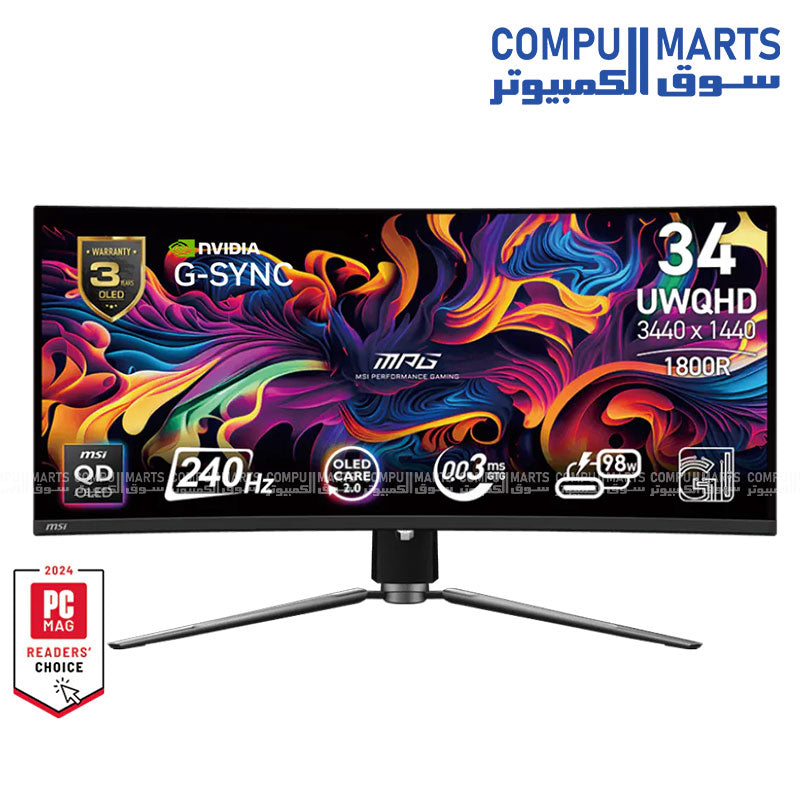 MSI MPG 341CQPX QD-OLED 34.18 Inch UWQHD Curved Gaming Monitor 240Hz 0.03ms DisplayHDR True Black 400 USB-C 98W PD G-Sync Compatible