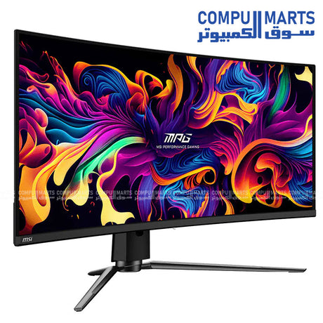 Ultrawide 21:9 gaming monitor featuring QD-OLED panel technology, 3440x1440 resolution, 1800R curvature, and G-Sync Compatible support for gaming setups in Egypt