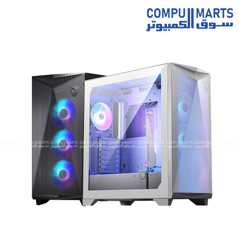 علبة ألعاب MSI MPG GUNGNIR 300R AIRFLOW متوسطة الحجم - أبيض وأسود - دعم E-ATX، مراوح ARGB PWM، تصميم تدفق هواء بانورامي