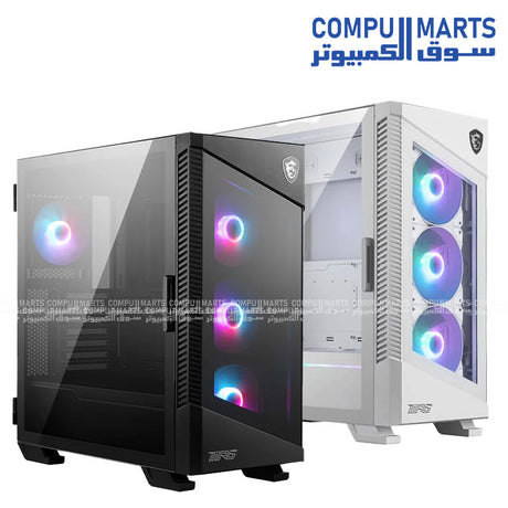 “MSI MPG Velox 100R mid-tower gaming PC case with tempered glass side panel, four 120mm ARGB fans, mesh front panel for optimized airflow, and liquid cooling support up to 360mm radiator