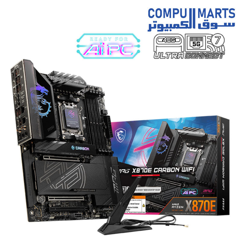MSI MPG X870E Carbon WiFi Gaming Motherboard (AMD Ryzen 9000/8000/7000 Series Processors, AM5, DDR5, PCIe 5.0, M.2 Gen5, SATA 6Gb/s, USB 40Gbps, HDMI, Wi-Fi 7, Bluetooth 5.4, 5Gbps LAN, ATX)
