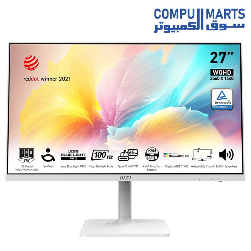 MSI Modern MD272QXPW Monitor 27 WQHD – IPS Panel 2560 x 1440 100Hz Eye Comfort Built-in Speakers Adjustable 4 Directions HDMI 2.0b DisplayPort 1.2a USB Type-C USB 2.0