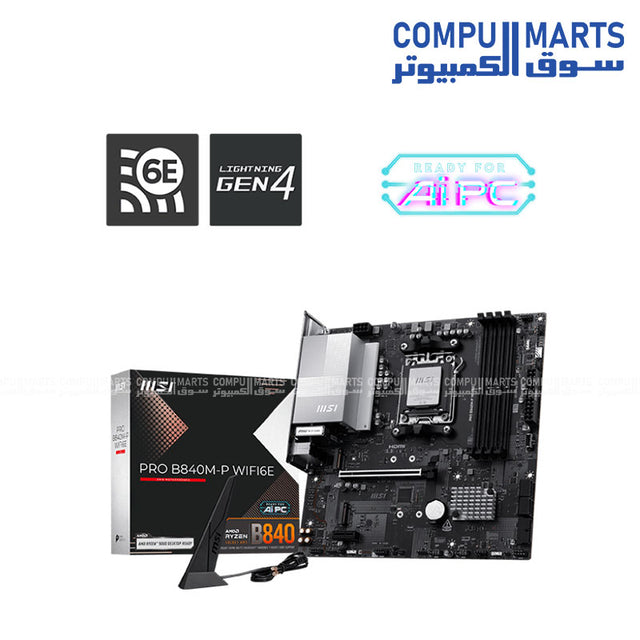 MSI PRO B840M-P WIFI6E Motherboard, AMD B840 chipset, AM5 socket, DDR5 support, PCIe 4.0, 2.5G LAN, Wi-Fi 6E, HDMI 2.1, Micro ATX motherboard