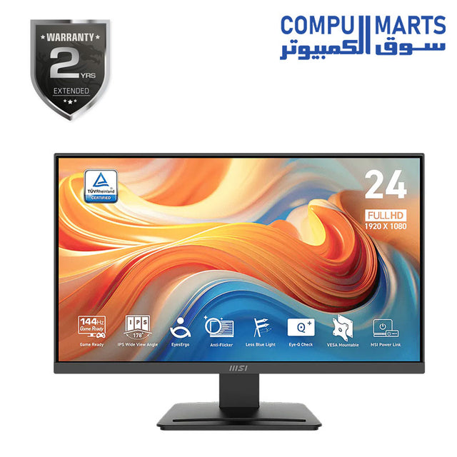 MSI PRO MP243L E14 23.8 Inch FHD IPS Monitor with 144Hz refresh rate, HDR Ready support, and AMD FreeSync technology available in Egypt
