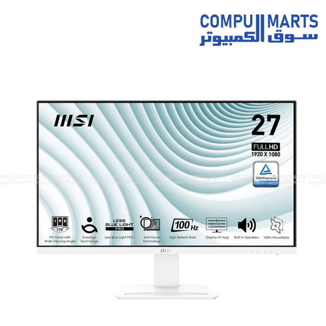 MSI Pro MP273AW 27-Inch White FHD IPS Monitor with 100Hz Refresh Rate, 1ms Response Time, Adaptive Sync – Ideal for Business and Office Use in Egypt