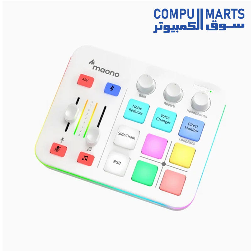 Front view of the Maonocaster G1 NEO gaming audio mixer showing customizable RGB lighting[cite: 1]