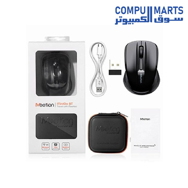 Top view of MeeTion MiniGo BT dual mode wireless mouse showing its compact 2.751.881.25 Inch dimensions[cite: 1]